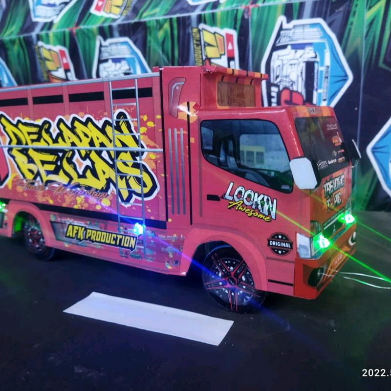 Miniatur Truk Oleng Wahyu Abadi Triplek dengan Roda Kayu Solid Bubut Cetak Bundar - Led, Toy, Bak, Lampu 4