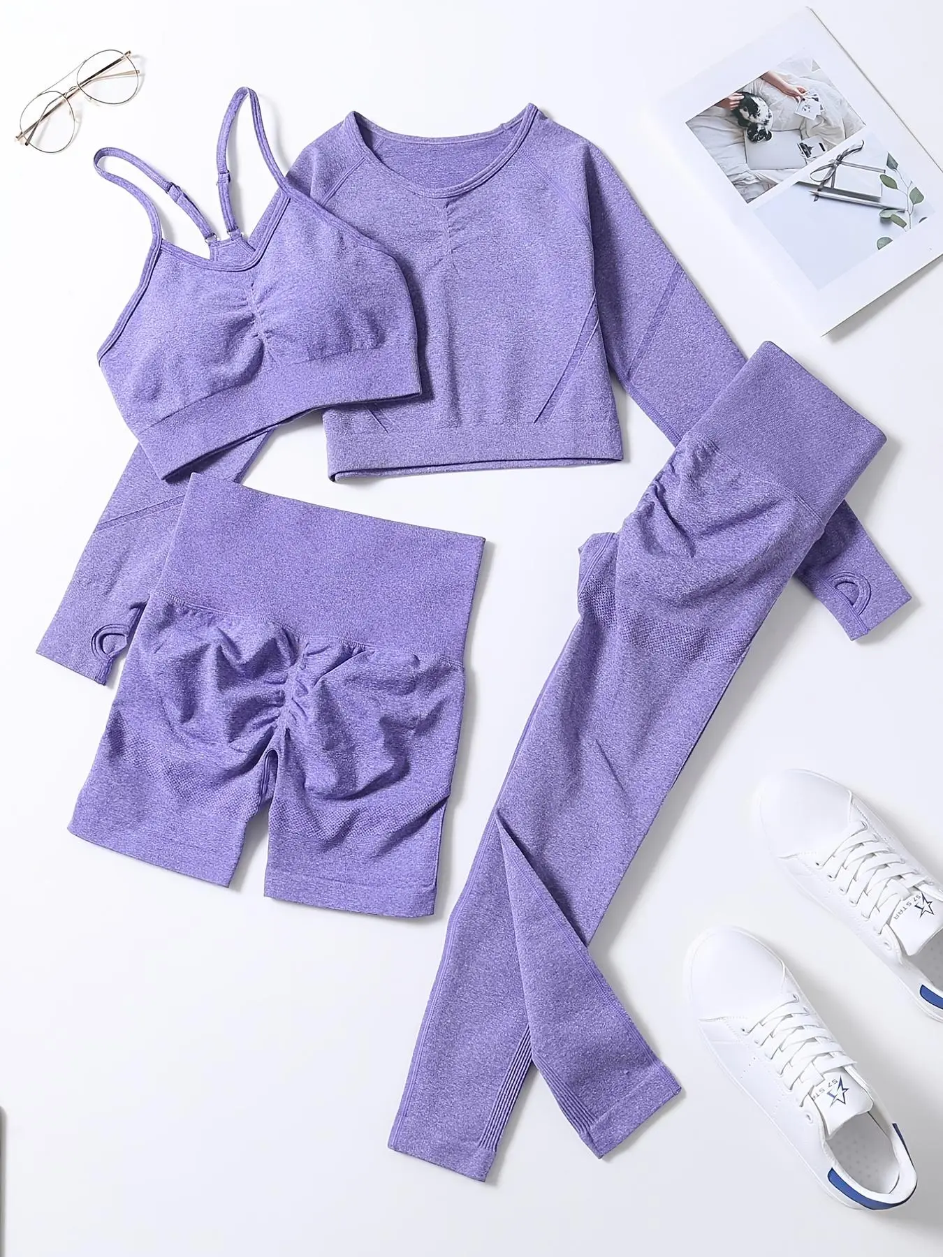 Women's Raglan Sleeve Tee & Crop Cami Top & High Waist Leggings & Wide Waistband Skinny Shorts Tracksuit Set, Breathable Gym Sets for Women, Seamless Sportswear Clothing for Summer Sport, Activewear