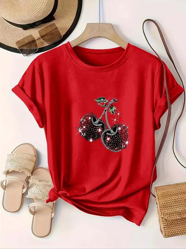 【Plus Size】 Cherry & Letter Print Round Neck Tee, Casual Short Sleeve T-shirt for Summer, Women's Plus Clothing for Daily Wear, Top 5