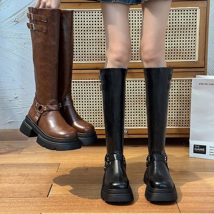  Giày boot thời trang JINxCHOY Phong cách Cổ Điển Hàn Quốc Mũi tròn Đáy xốp Cổ cao Dây kéo phía sau PU Co Giãn Chống trượt Chống mài mòn Thanh lịch và Thường Ngày Giày boot Martin Dành cho nữ Phong cách SS24 