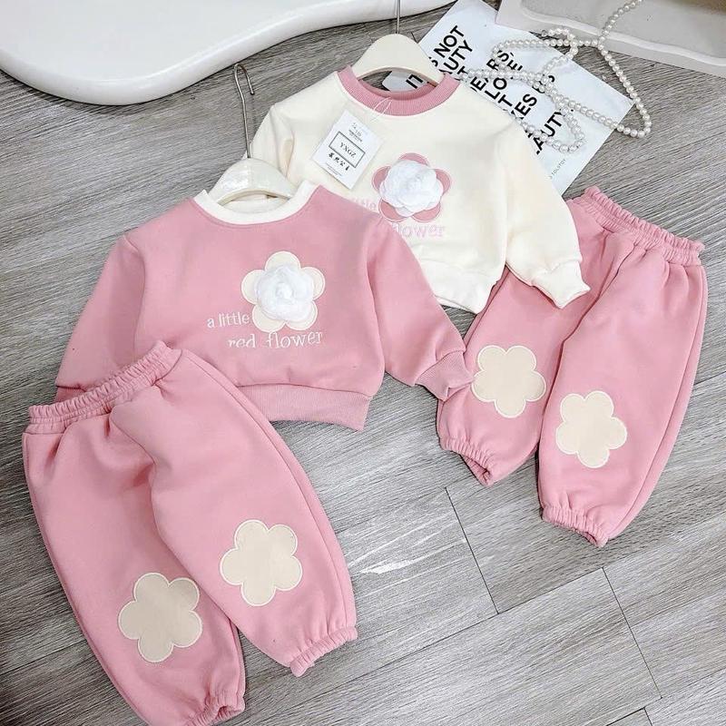 Bộ NỈ LÓT LÔNG NHUNG dày ấm, bộ quần áo dài tay thu đông, họa tiết hoa cho bé gái size 8-18kg