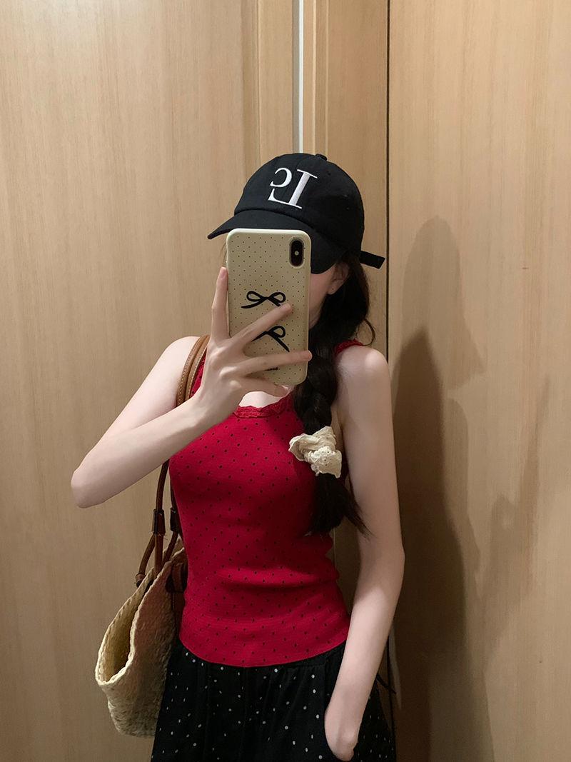 Product Introduction of Red Polka Dot Lace Camisole Women's Summer Slim-Fit Short Sleeveless Top 11