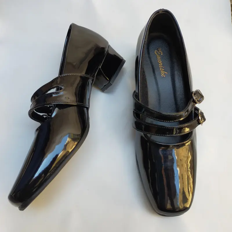 Mary Jane Shoes BIG SIZE 41-42-43-44-45 Sepatu Formal Paskibra Hak Tahu 3cm Tali Gesper2 Ukuran JUMBO BESAR Original EMRSH Heels Wanita sepatu pantofel hitam mengkilap tali sabuk 4