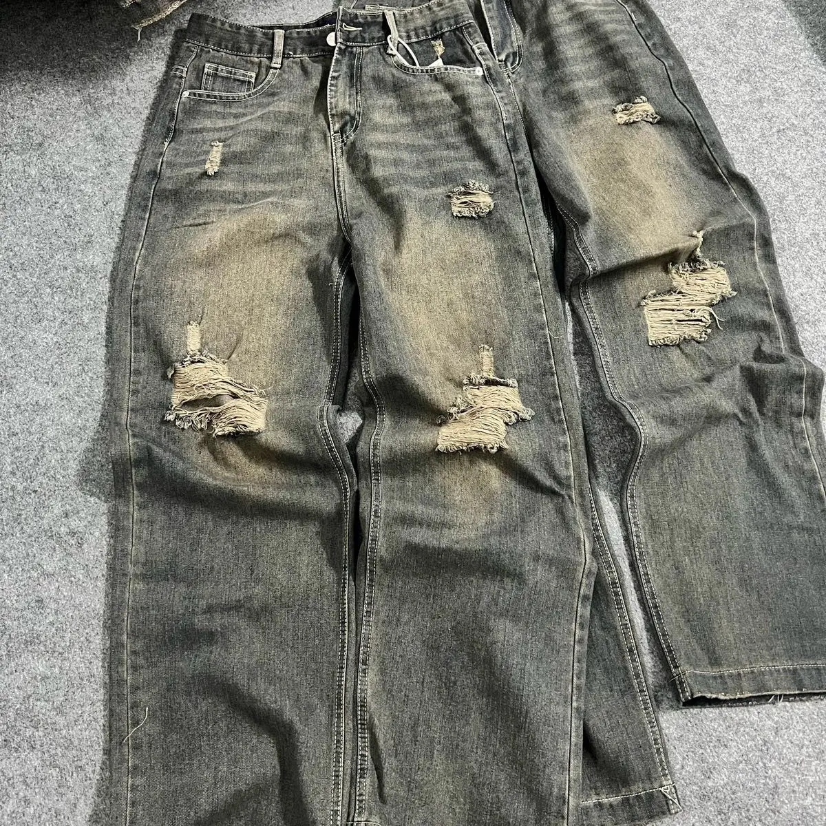 (S-2XL)HHCHOU-Quần Jeans Suông Rách Màu Trầm Fom Rộng Dài 103cm  H1234 Pants Nam Nữ