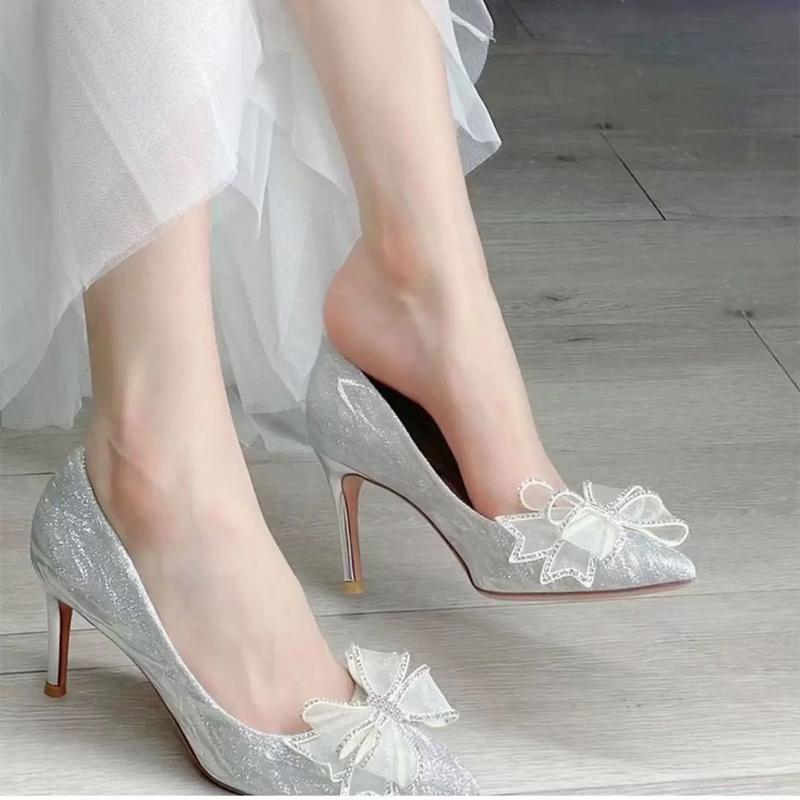 Giày cao gót búp bê nữ bít gót cao 8cm nhũ [CHÂN BÉ LÙI 1 SIZE] đính nơ cực xinh (5)