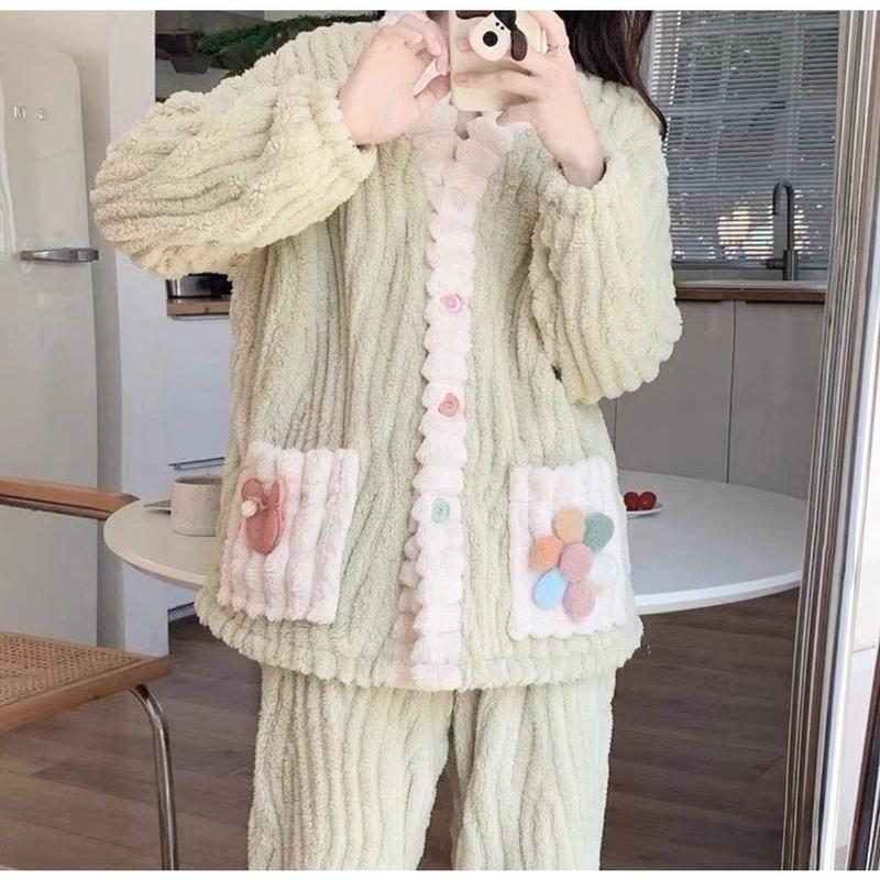 Qc Bộ ngủ nữ túi hoa lông sóng màu xanh - hồng, siêu nhẹ kiểu oversize Ann Nhiên Shop cho mùa Đông - Áo lông Ann Nhiên - Women, Sen Voi Kem