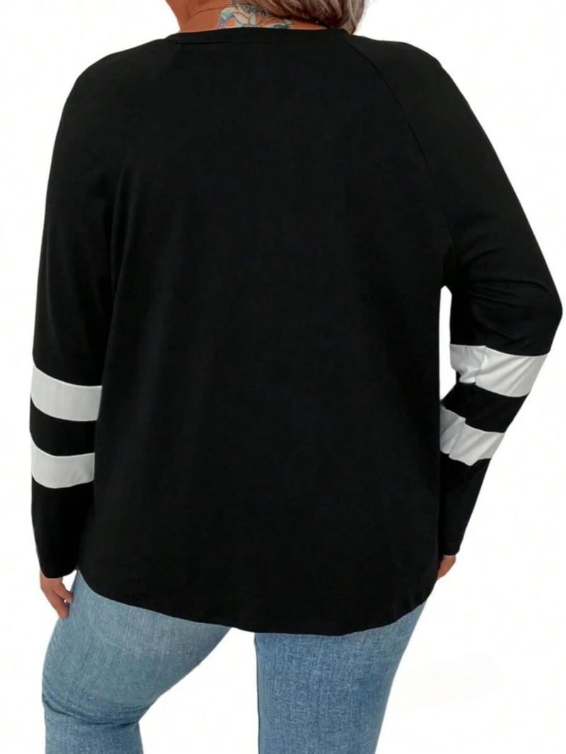 Product Introduction of Plus Size Colorblock Striped Print Raglan Sleeve Tee, Casual V Neck Long Sleeve T-shirt for Spring & Fall, Women's Clothing for Daily Wear 2