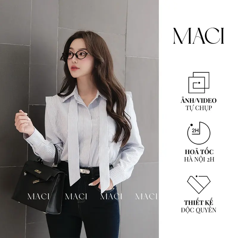 Áo Sơ Mi Kẻ Sọc Xanh Nhạt MACI by MKC MCASMSO0022 Thời Trang Nữ Thiết Kế Độc Quyền 0