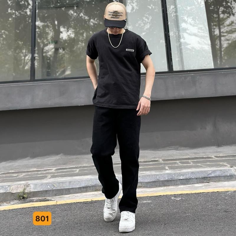 Quần baggy jeans nam đen trơn không rách gối chất bò co dãn tốt form dáng rộng ống suông QB801 kiểu mới Menswear Pants Có Túi