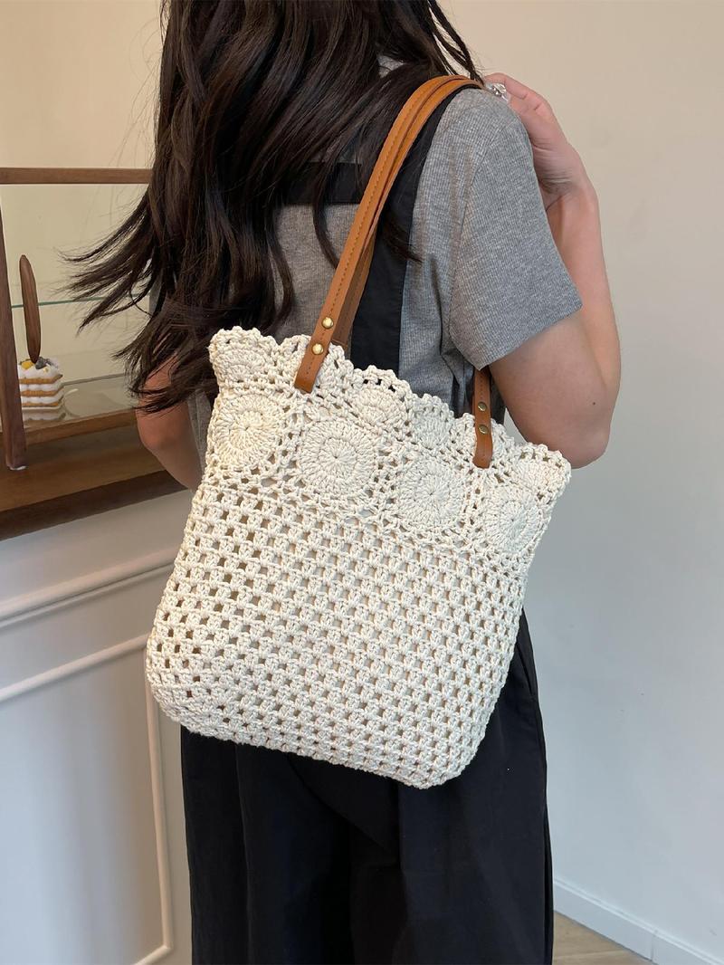 Product Introduction of Women's Solid Color Straw Tote Bag, Fashionable Large Capacity Shoulder Bag for Daily Used, Casual Trendy Versatile High-quality Daily Commuting Bag 6