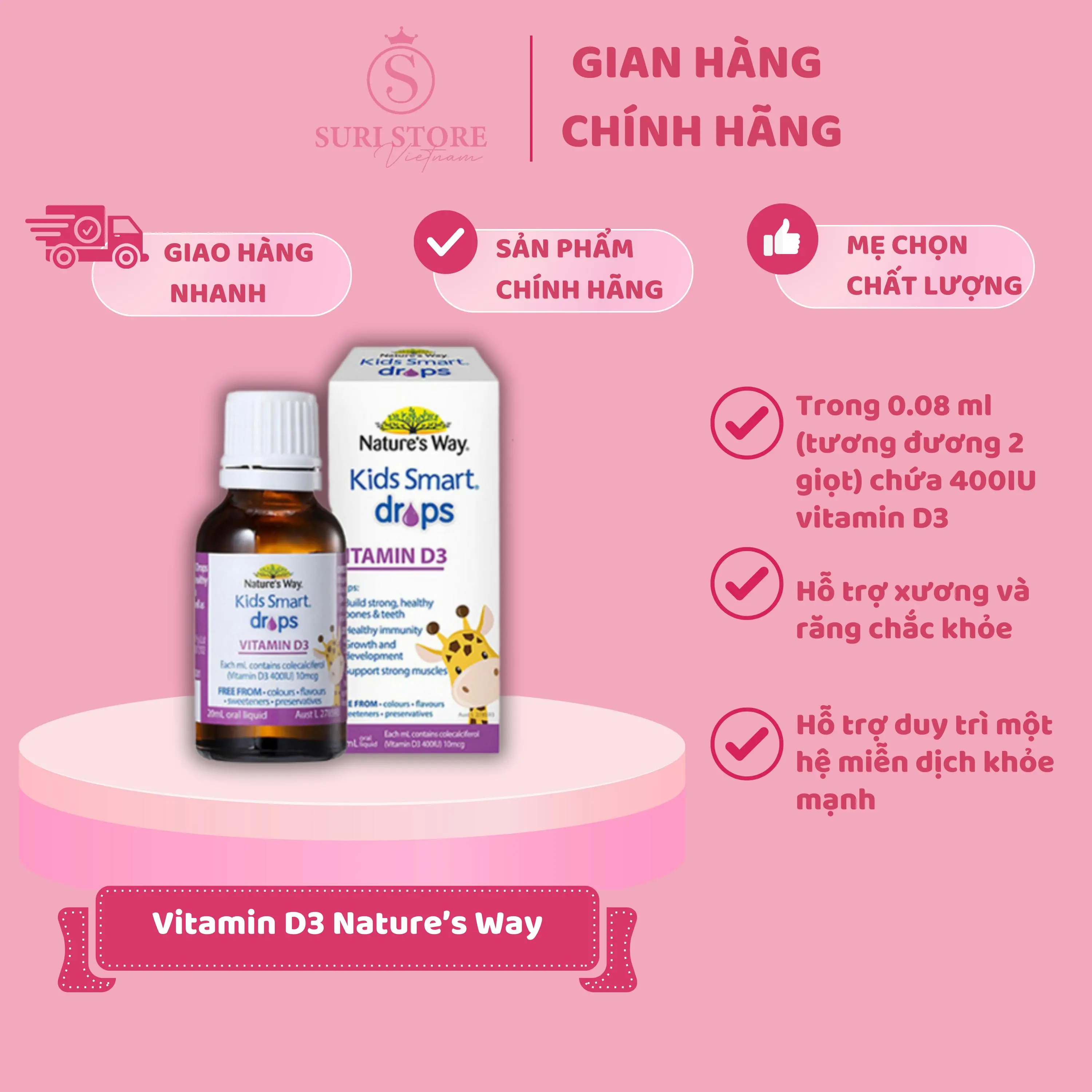 SURI STORE HN -Vitamin D3 Nature's way Kid Smart Úc - bé từ sơ sinh -  dạng nước 10ml bổ sung vtmD Men Vi Sinh