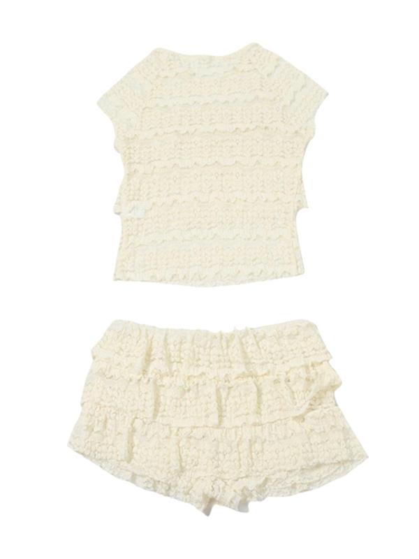 "2025 Trendy Women's Ruffle Trim Crop Top & Tiered Shorts Set - Casual Summer Outfit for Daily Wear & Rave Parties" Clothes Womenswear Suits Comfort Basic Minimalist Yellow 2