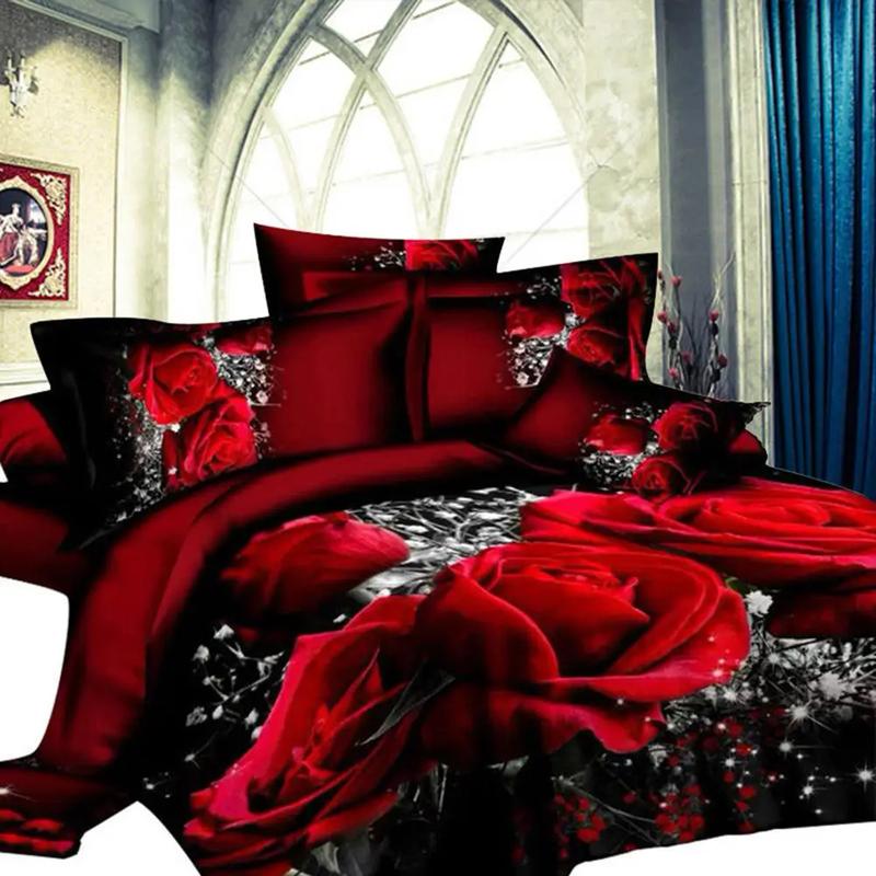 Product Introduction of Set Tempat Tidur Bunga Mawar Merah Besar 3D, 4 helai / set, Sesuai untuk Perkahwinan, Sarung Selimut Lembut, Sarung Bantal, Set Katil untuk Katil Queen, Termasuk Linen Soft 21