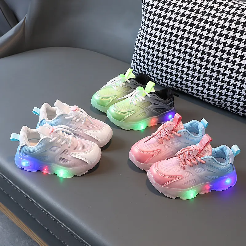 2024 Summer New Girls' Sneaker LED Light-Up Boys Gradient Color Mesh Surface Shoes 1-6 Years Old Children'S Shoes