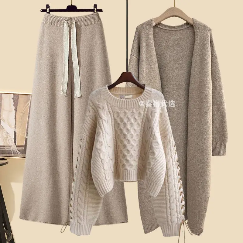 Autumn and Winter Set 2023 New Large Size Women's over-the-Knee Knitted Sweater Coat with Slimming Wide-Leg Pants Three-Piece Set