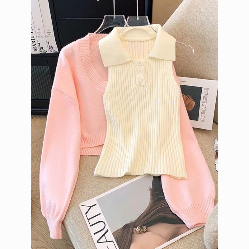 Bộ Đồ Mới, Phong Cách Hàn Quốc, Mặc Phong Cách Preppy, Áo Len Hai Mảnh Cổ Polo, Thích Hợp Mặc Thường Ngày Bộ Sưu Tập Đầu Thu, 2024 Nữ Top 1