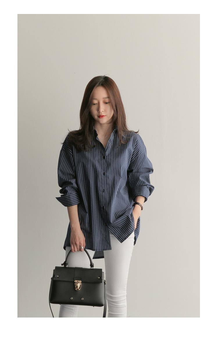 Product Introduction of 2023 Spring/Summer New Mid length Versatile Loose Blue Vertical Stripe BF Large Long Sleeve Shirt Women's Summer Han Style Top Blouse 8