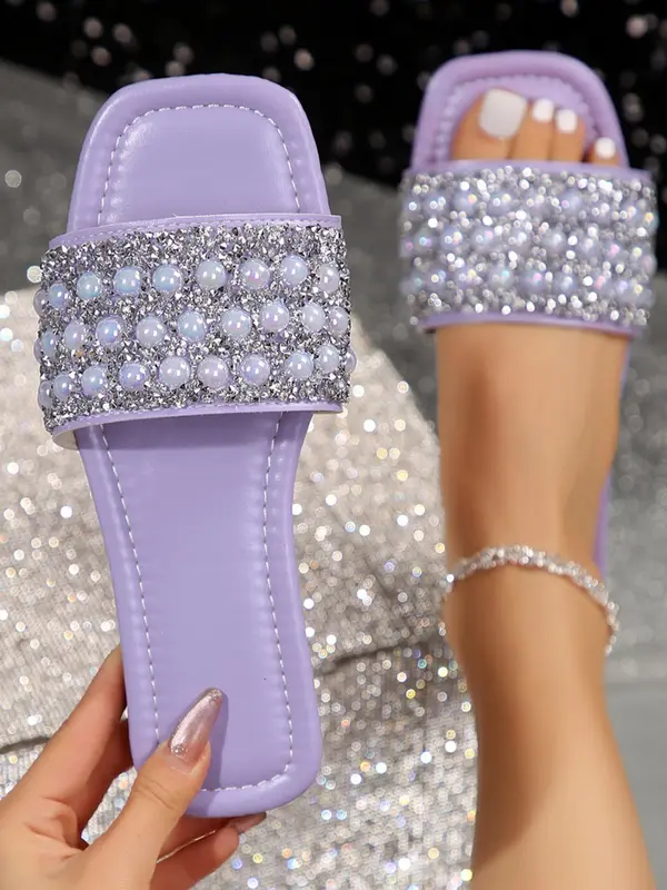 Women's Fashion Faux Pearl Decorated Slide Sandals, 1 Pair 2024 New Style Casual Non-slip Flat Slippers for Beach, Fashion All-match Shoes for Daily Wear 6