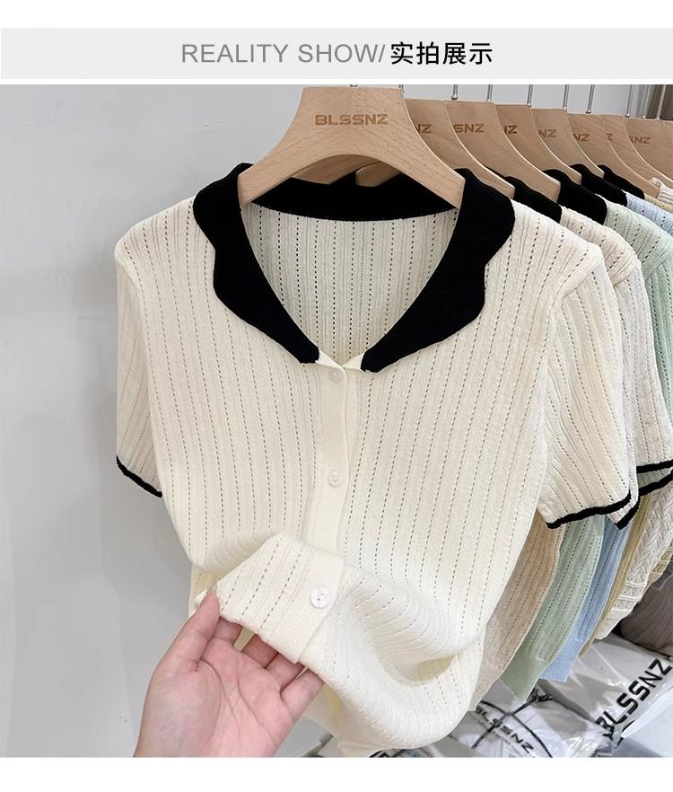 Product Introduction of Áo Cardigan Dệt Kim, ngắn Tay, Chất Liệu Lụa Ngầu Dành Cho Nữ, Mỏng Và Mùa Hè, Màu Sắc Tương Phản, Thiết Kế Độc Đáo Với Thiết Kế Áo Polo Rỗng Áo Cánh Nữ Hàng Đầu 5