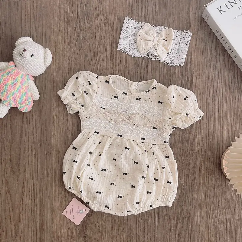 Bodysuit Bé Gái Chất Xô Muslin Thiết Chấm Bi Nơ Đen, Kèm Turban Nơ Xinh Xắn, Dành Cho Bé 3kg Đến 11kg 1