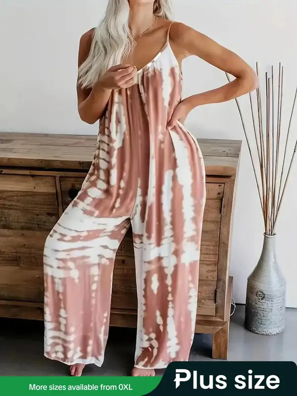 Plus Size Tie Dye Print Backless Cami Jumpsuit, Boho Sleeveless Spaghetti Strap Wide Leg Jumpsuit for Beach Vacation Holiday, Women's Plus Clothing for Summer 0