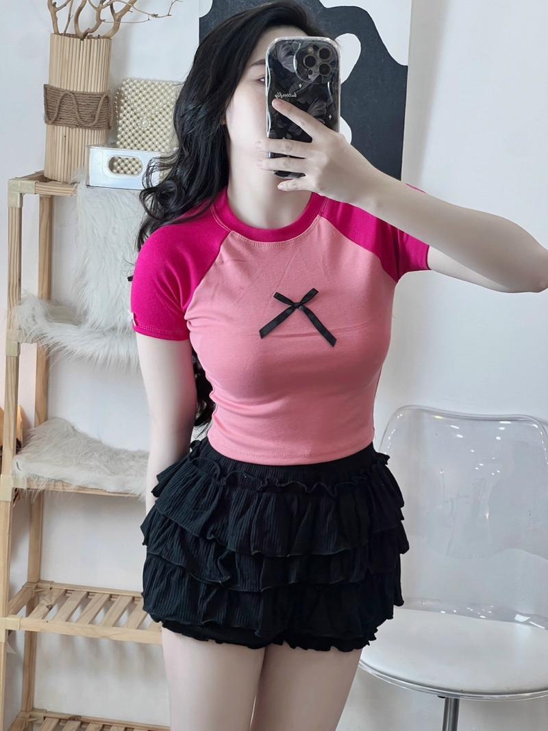 Product Introduction of Áo Thun Croptop Borip Nữ Form Basic Cổ Tròn Tay Ngắn Raglan Phối 2 Màu Đính Nơ Women Sen 19