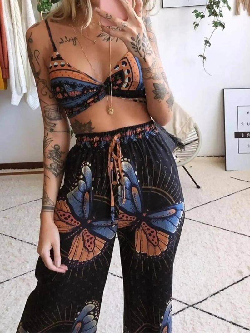Product Introduction of Women's Butterfly Print Crop Cami Top & Tie Front High Waist Pants Set, Boho Spaghetti Strap Ruched Top & Wide Leg Pants, Ladies Summer Clothes 3