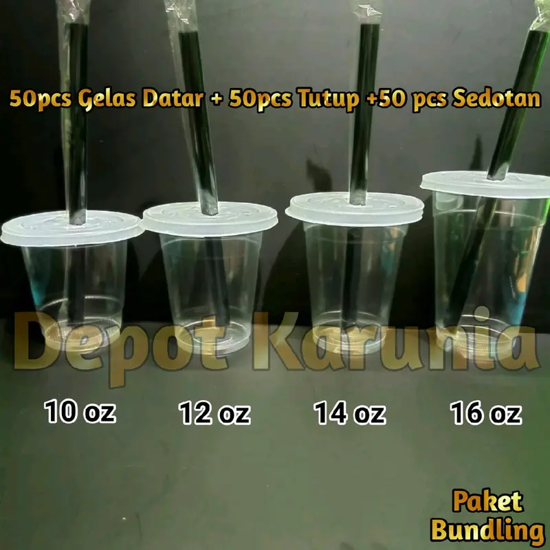 Paket 50cs Gelas Cup Plastik Datar + 50pcs Tutup + 50pcs Sedotan 2