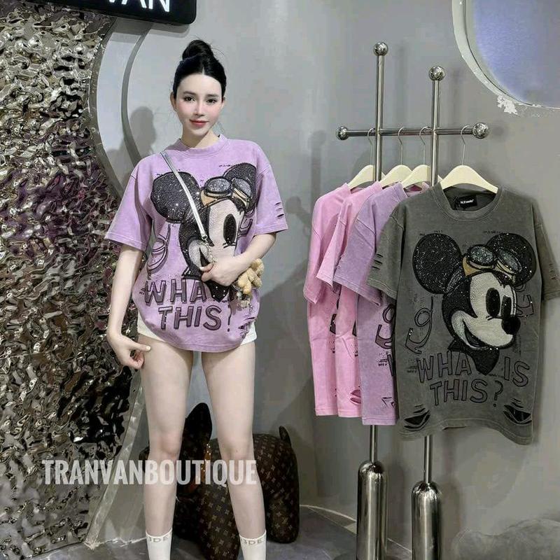 Áo phông rách in hình Mickeyy fom thụng QC