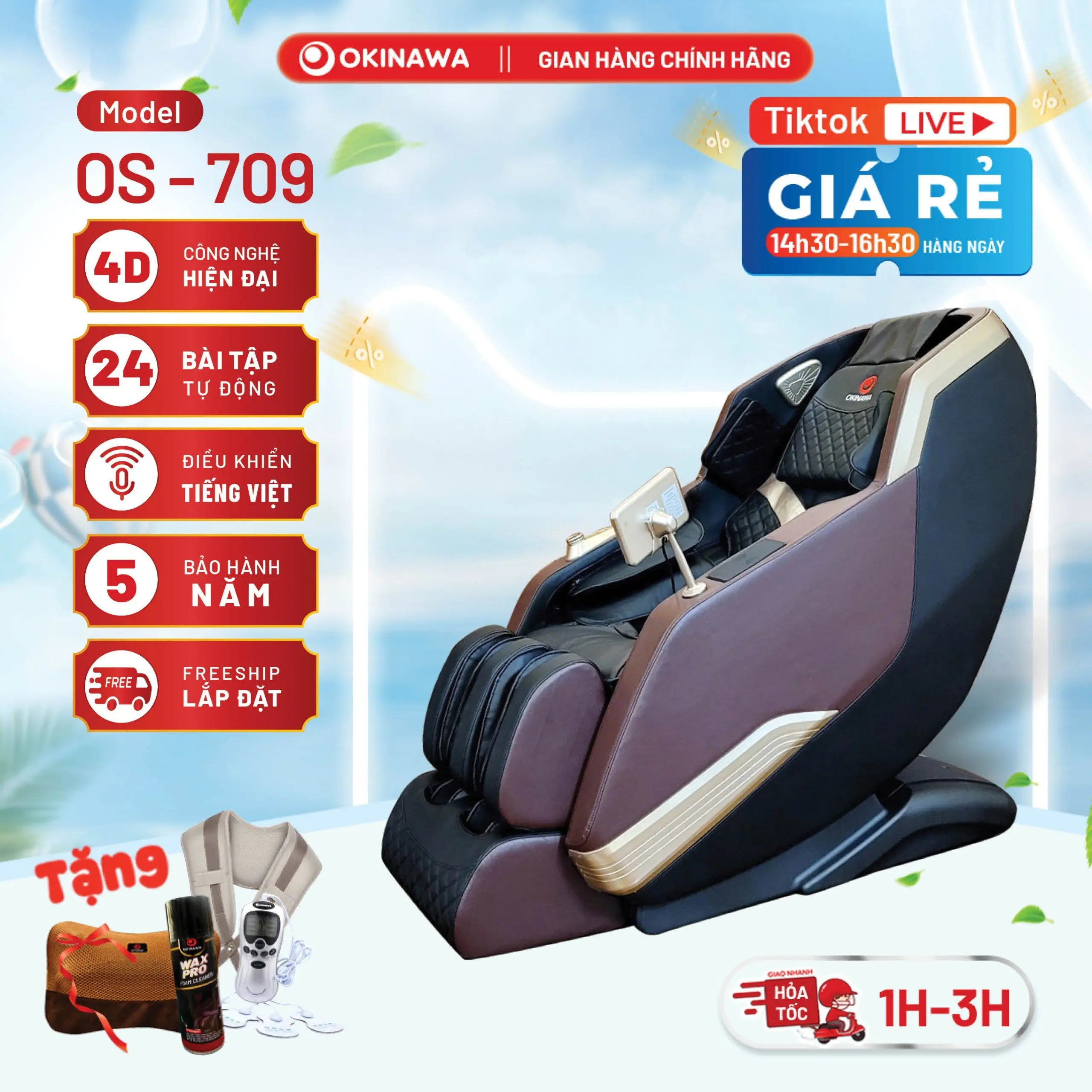Ghế massage toàn thân cao cấp Okinawa Os-716, 24 bài tập tự động, nhiệt lưng và chân, công nghệ AI dò tìm huyệt đạo chính xác