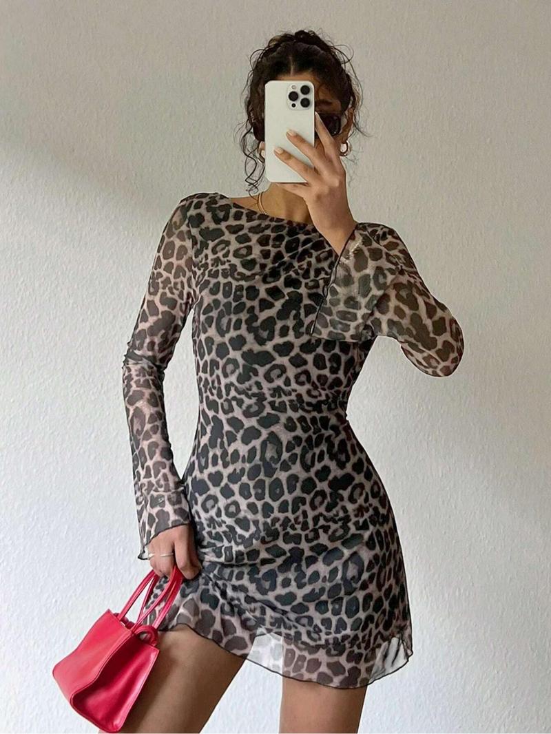 Product Introduction of Women's Leopard Print Backless Mesh Dress, Fashion Casual Boat Neck Flounce Sleeve Short Dress for Daily Outdoor Wear, Women Dress for Spring Fall, Valentine's Day Gift for Girl, Dresses for Women, Holiday Dresses 1