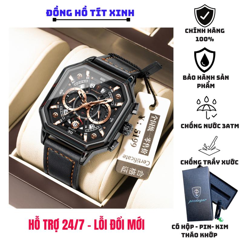 Đồng hồ nam dây da cao cấp khóa chụp đôi chính hãng Poedagar phong cách thể thao, chạy 6 kim, chống nước chống xước Đeo Tay Watch Ong Sen Ví Voi