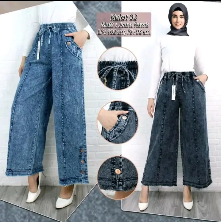 Celana Kulot Jeans Pingang Karet Variasi Kancing Nyaman Rawis Tebal Wanita