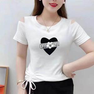 Free Shipping Lace up Off Shoulder T-shirt Women Korean Style Short Sleeve V Neck Tops Fit and thin Stretch shirt lady Trendy New Version tees Showing thin
