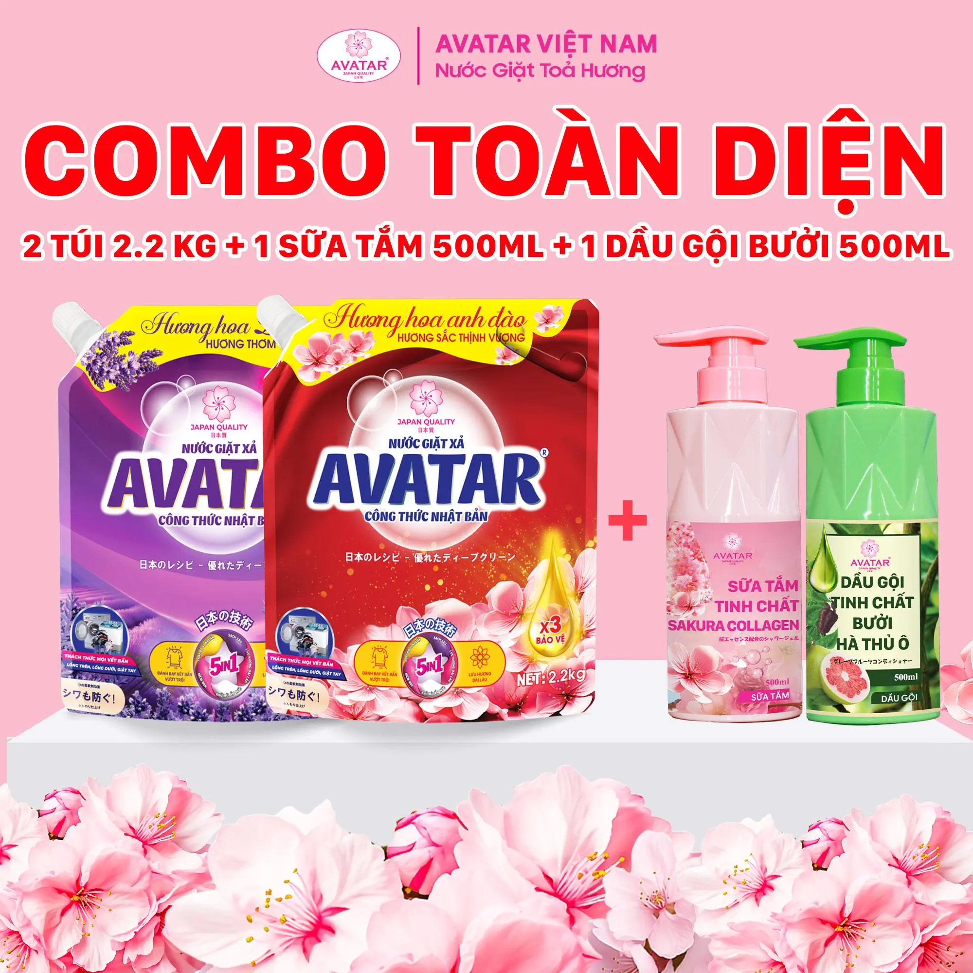Combo toàn diện 2 nước giặt xả Avatar 2.2kg làm sạch sâu, dầu gội bưới avatar 500ml + sữa tắm collagen avatar 500ml