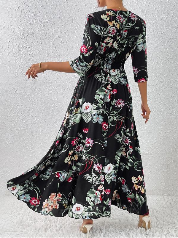 Women's Boho Floral Tied Button Front Split Long Maxi Dress, Casual Womenswear, Spring Summer Beach Vacation Half Sleeve V Neck A-line Dresses, Homecoming Dresses, Holiday Dresses, Ditsy Floral Dress 7