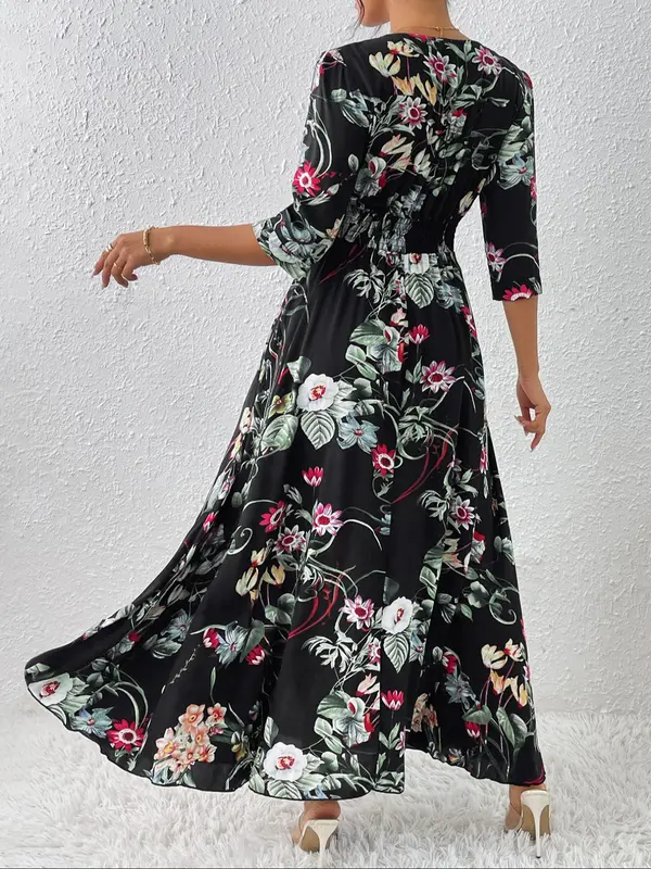 Women's Boho Floral Tied Button Front Split Long Maxi Dress, Casual Womenswear, Spring Summer Beach Vacation Half Sleeve V Neck A-line Dresses, Homecoming Dresses, Holiday Dresses, Ditsy Floral Dress 7