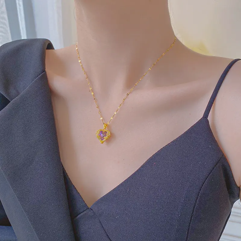 45.Kalung Titanium Wanita Model Love Ungu Anti Luntur Dan Anti Karat Simpel Elegan Korean Style Aksesoris Perempuan Harian Mewah Perhiasan Cewek Korea Terbaru choker rose gold 1