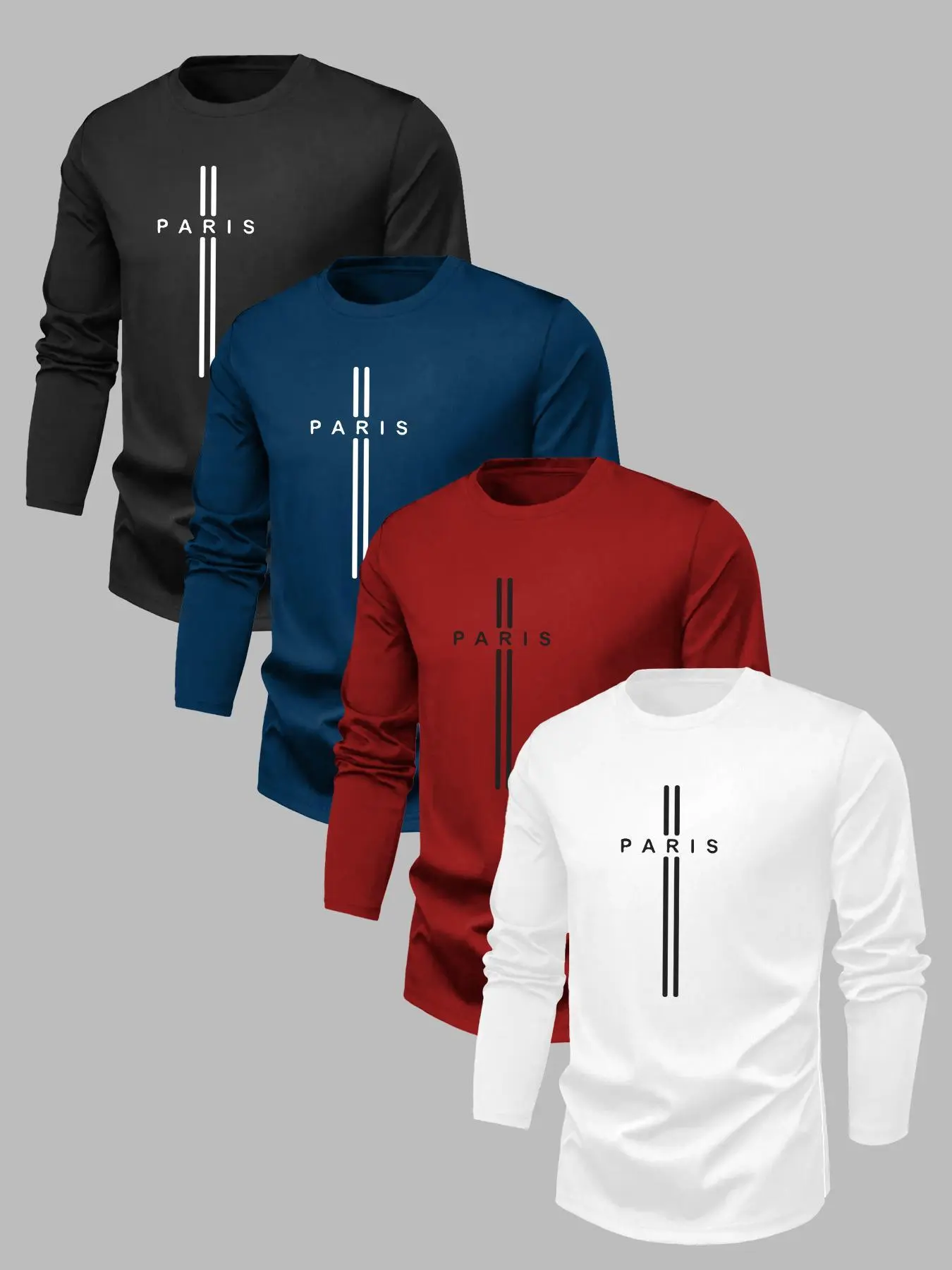 Men's Solid Color PARIS Letter Print Round Neck Long Sleeve Tee, Regular Fit Casual Comfy Crew Neck T-shirt for Spring, Men's All-Match Top for Daily Wear