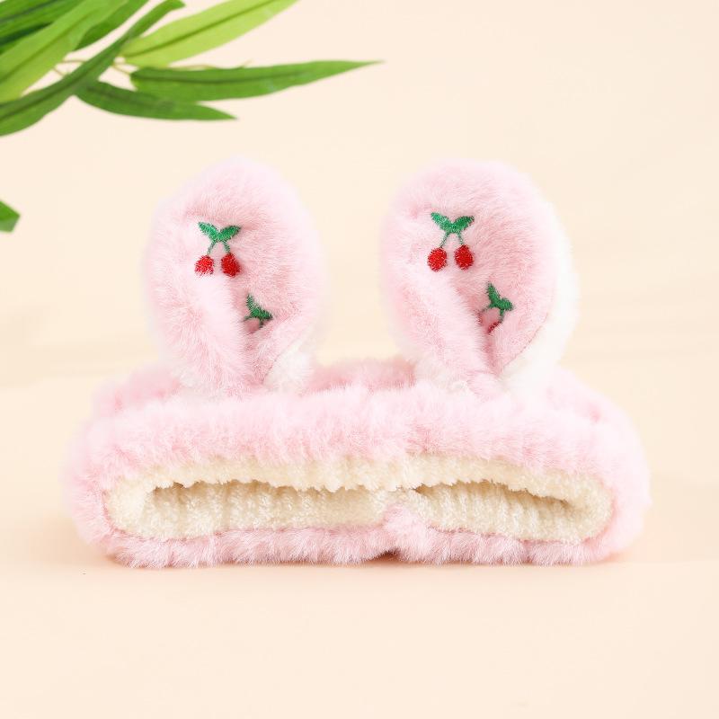 Product Introduction of Autumn and Winter New Rabbit Plush Embroidery Cherry Color Matching Hair Band Coral Velvet Cute Cartoon Face Wash Makeup Application 4
