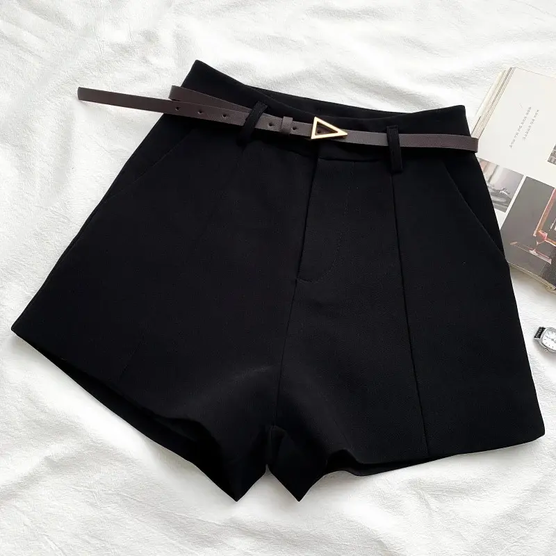 Casual Women's Shorts A-line High Waist Short Chic Office Lady Shorts With Belted Vintage Female Trousers Spring Summer Fabric Fit Womenswear Pants 4