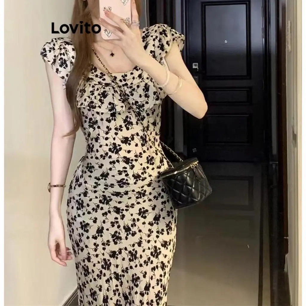 Lovito Women Elegant Ditsy Floral Ruffle Dress LNE43345