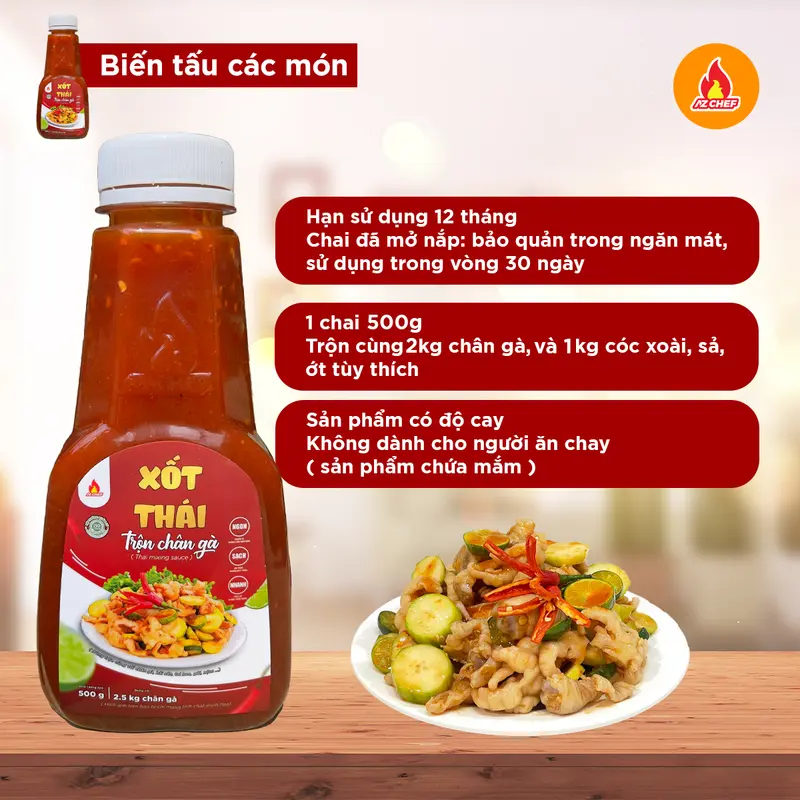 Xốt Thái trộn chân gà AZ CHEF chai lớn 500g - dùng cho 2,5kg chân gà ( Nước Sốt Thái Trộn chân gà, tôm, bạch tuộc, gân bò, mực, ba chỉ, làm các món gỏi Thái chua cay chuẩn vị ) Gia Vị sotthai  tron changa chang asot thai 3