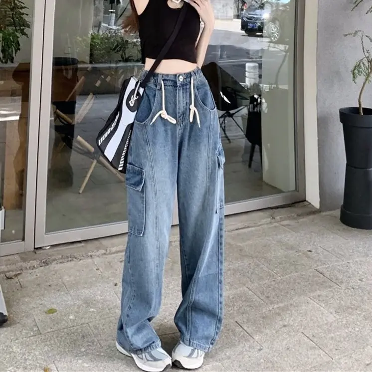 Celana Kerja Jeans Wanita Dengan Tali Serut Dan Banyak Kantong Denim Fit 2