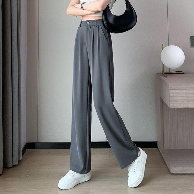 Women Suit Pants with Side Pockets High Waist Solid Color Wide Leg Commuter Pants Button Zipper Closure Loose Full Length Pants for Daily Wear Travel 6