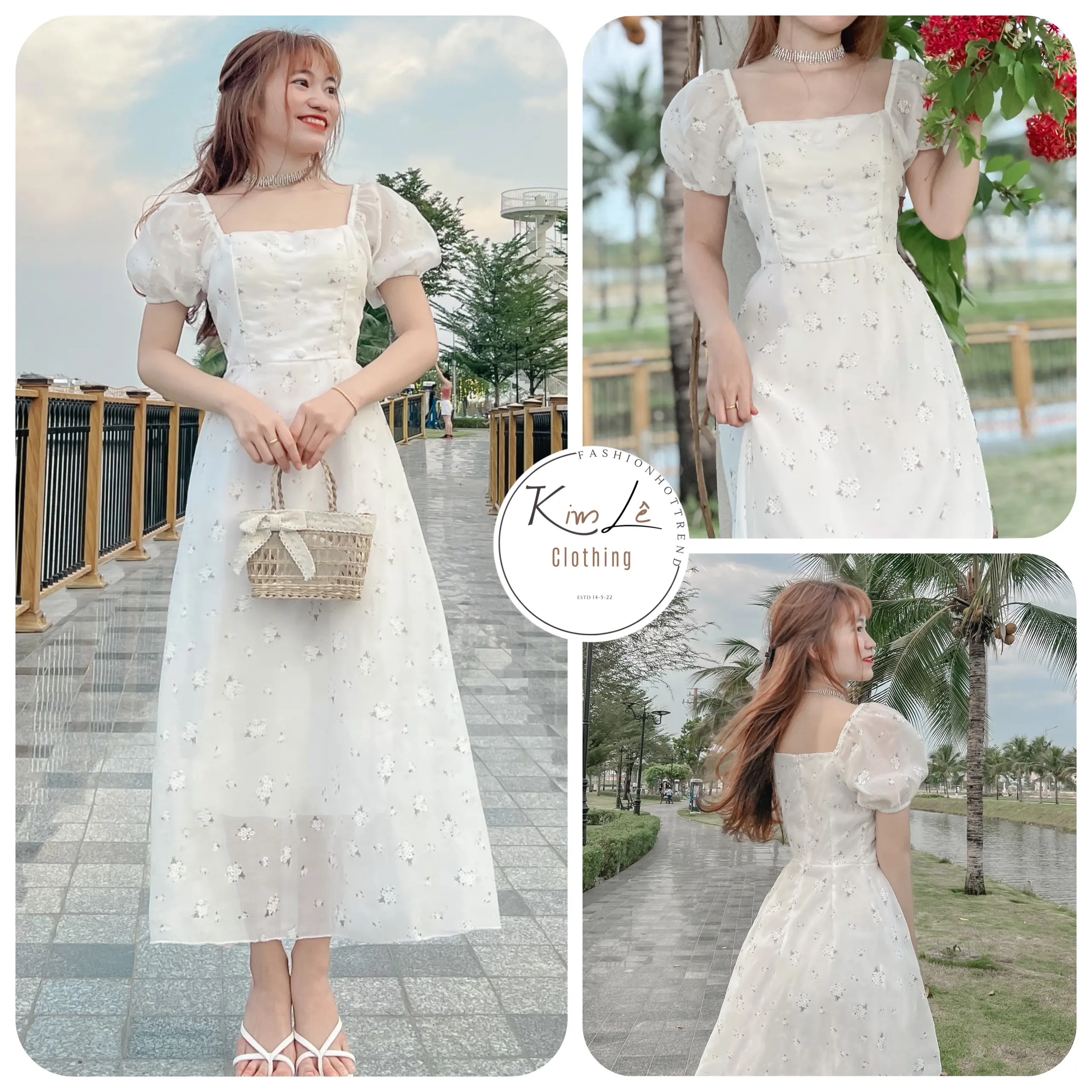 Đầm Hoa Nhí Tiểu Thư Tay Phồng phối Nút Bọc (CÓ MÚT) Chất Voan Cứng Freesize: 45-57kg Nữ Nữ Women