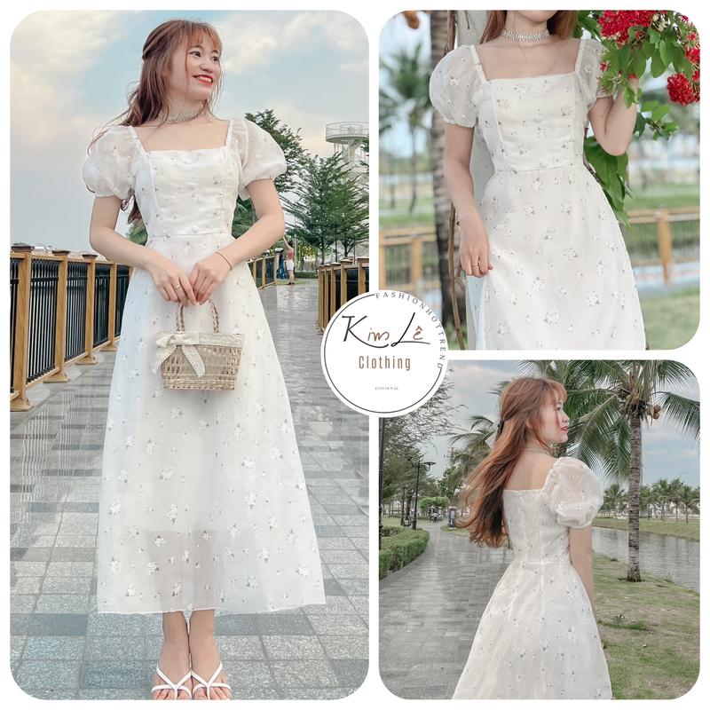 Đầm Hoa Nhí Tiểu Thư Tay Phồng phối Nút Bọc (CÓ MÚT) Chất Voan Cứng Freesize: 45-57kg Nữ Nữ Women