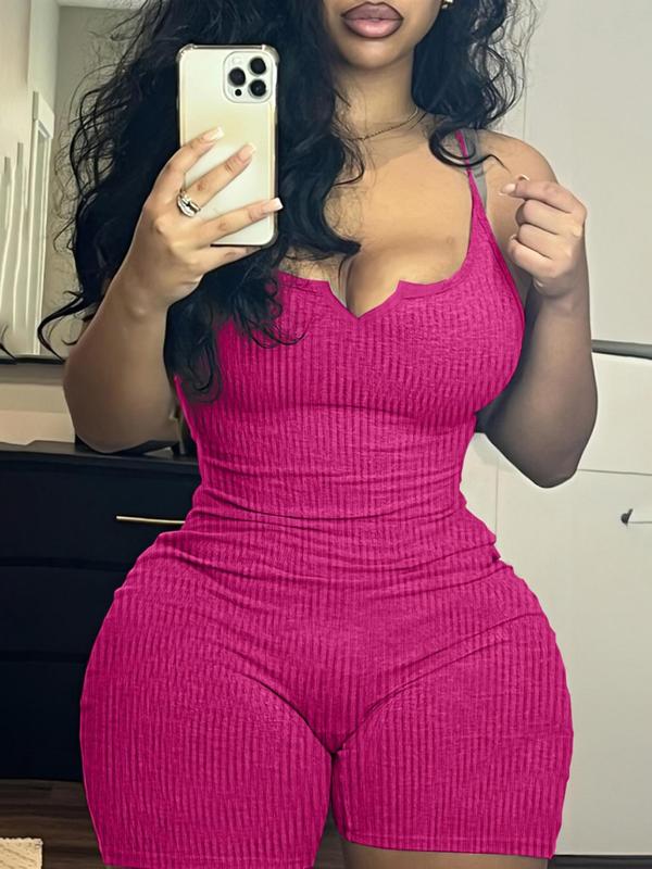 Women's Solid Color Notched Neck Cami Ribbed Romper, Casual Basic Spaghetti Strap Sleeveless Skinny Romper for Summer, Ladies Clothes for Daily Wear 4