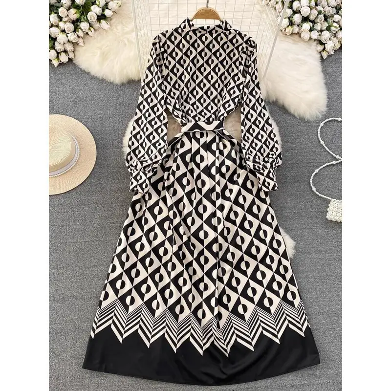 FADFAD 【Ready stock】Gaun kemeja lebar A-line dasi kupu-kupu pelangsing pinggang lengan panjang gaya retro dan dewasa untuk wanita 1