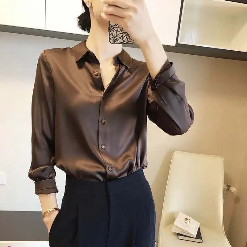 Áo Sơ Mi Satin, Tay Áo Dài, Dành Cho Phụ Nữ, Thiết Kế Đẹp, Độc Đáo, Bộ Sưu Tập Xuân / Hè 2025, Chống Nắng, Dễ Phối Đồ, Phong Cách Cổ Điển Hong Kong, Áo Sơ Mi Hàng Đầu
